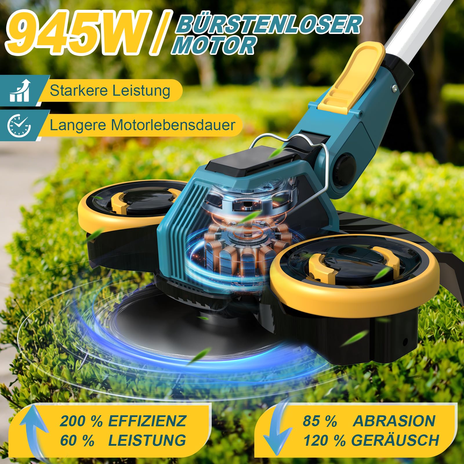 Desbrozadora Bateria 21V, Cortabordes Bateria Brushless con 2 Baterías 4,0Ah, Cepillo de Malas Hierbas, Desbrozadora Electrica 4 En 1 con Ruedas, Cortacesped Electrico Telescópico, Azul