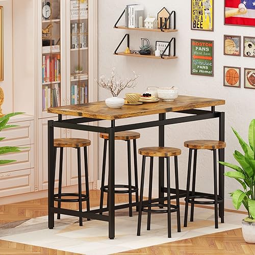 Miniatura 3 de Hooseng Juego de mesa de comedor de 5 piezas, mesa de cocina industrial y sillas para 4, juego de mesa de bar de altura para 35.4 pulgadas, mesa de