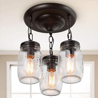 LALUZ Flush Mount Light Fixture, Mason Jar Lights for Kitchen, Dining Room, Oil Rubbed Bronze, L11.8 W11.8 H13