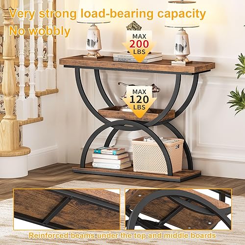 Miniatura 5 de Snughome Mesa de entrada, mesa consola de 39.4 pulgadas, mesa de sofá industrial de 3 niveles detrás del sofá, mesa decorativa, mesa de carga de 200