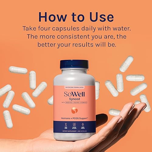 Miniatura 8 de SoWell Synced Suplemento de equilibrio hormonal para mujer con inositol, vitamina D y folato para SOP y apoyo al ciclo menstrual, 120 cápsulas