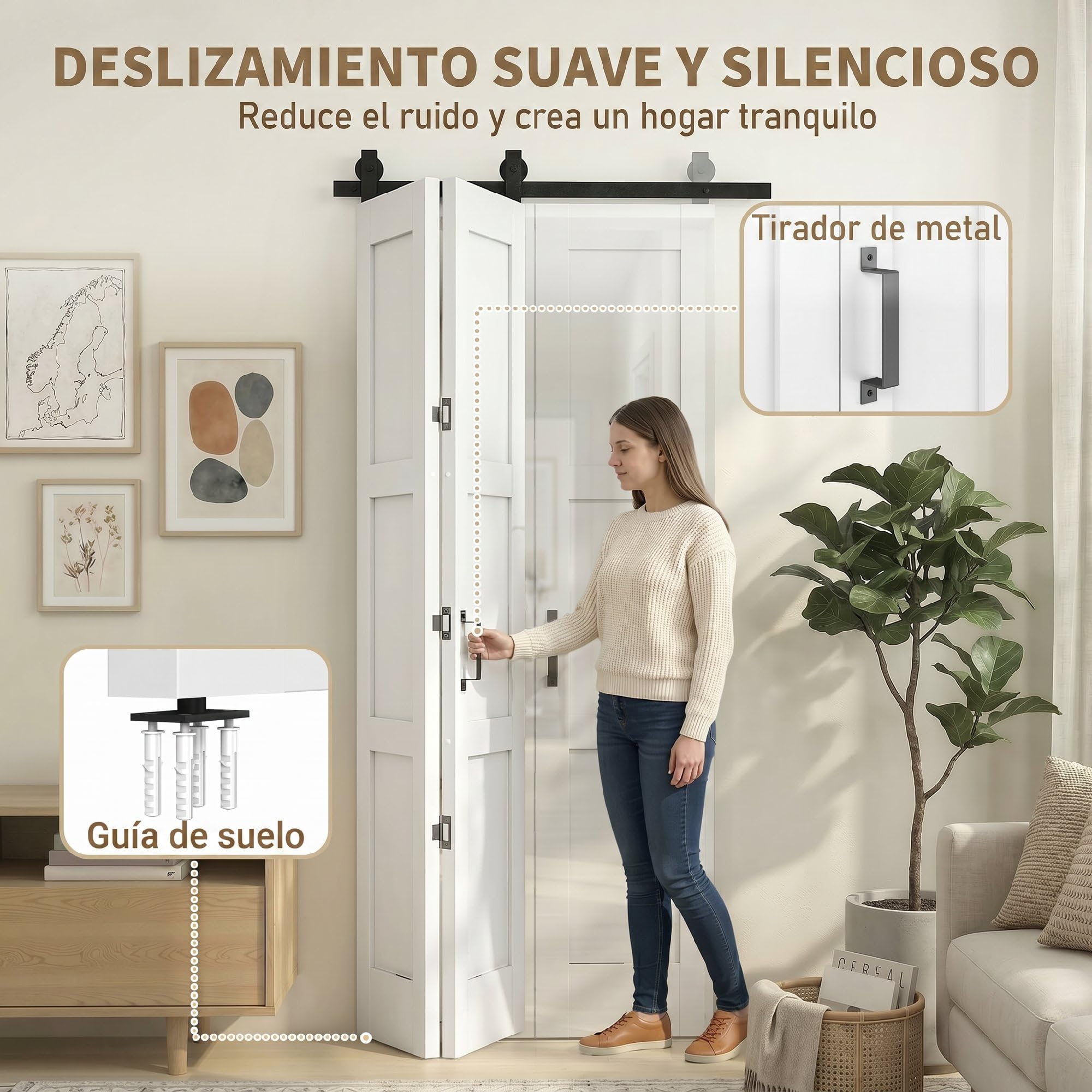 HOMCOM Puerta Corredera Plegable con Herrajes 91,4x213,4 cm, Puerta Corredera Interior con Rodillo, Riel de Acero, Guía de Suelo, Manija, para Baño, Salón, Sala de Estar, Blanco