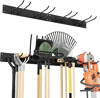 Urban Deco Metall-Gartengerätehalter, Gerätehalter Wandhalterung 150kg Tragkraft mit 4 Doppelhaken & 2 Paneele – Aufhängung für Gartenwerkzeug in Garage, Garten, Keller (Schwarz)