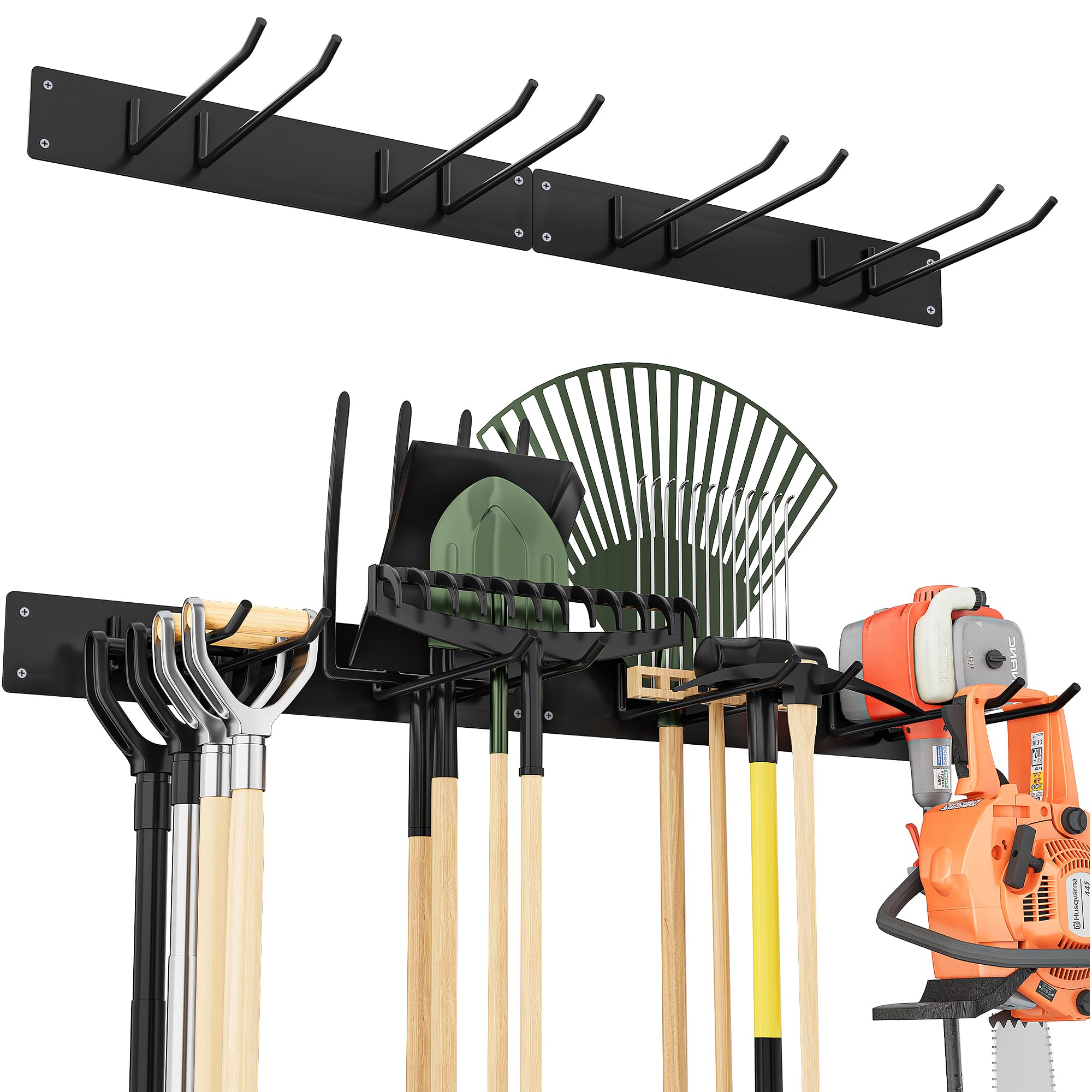 Urban Deco Support mural en métal pour Outillage de Jardin, capacité de charge de 150 kg, avec 4 crochets doubles et 2 panneaux, pour outils de jardin dans le garage, le jardin, la cave, noir