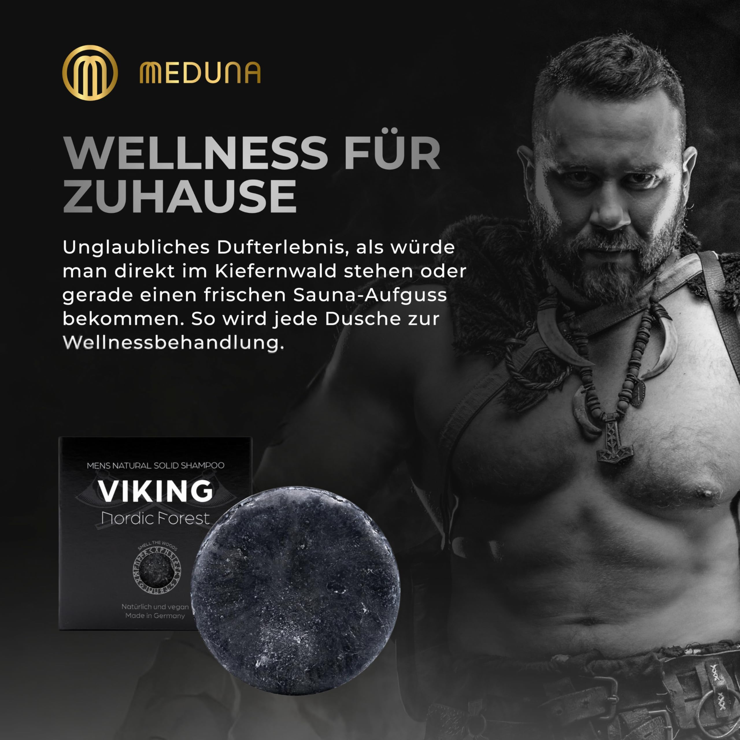 MEDUNA festes Haar-Shampoo Viking Nordic Forest - Kieferbaum Duft - Haarseife mit Bio-Kokosöl & Shea Butter - Naturkosmetik Haarpflege - silikonfreies Shampoo - Pflegeshampoo für alle Haartypen (375g)
