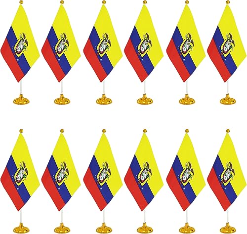 Paquete de 12 banderas de escritorio ecuatorianas pequeñas con base de soporte, para la oficina en casa, festivales, eventos, decoraciones de