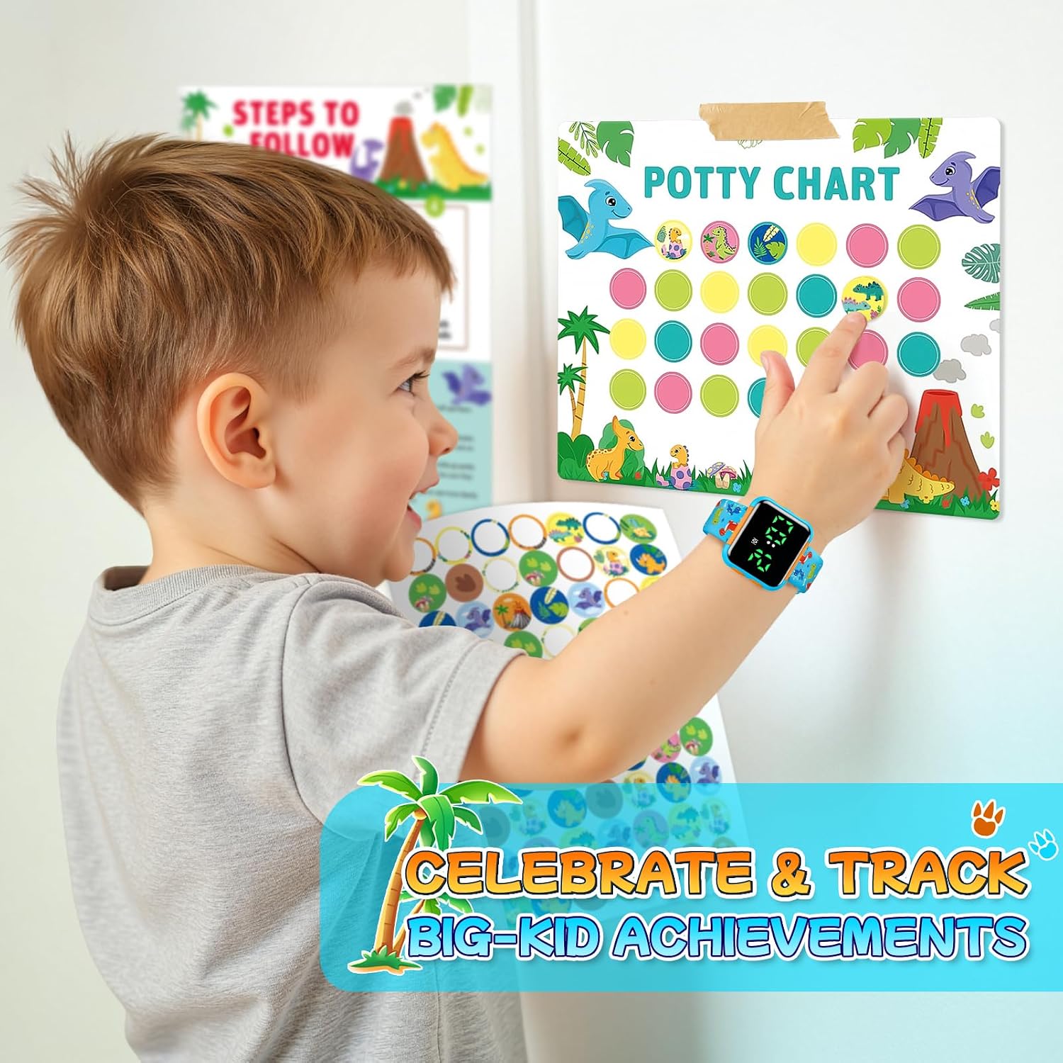 Potty Training Watch & Chart for Kids: Water Resistant Potty Watches Dinosaur Potty Training Chart for Toddler Boys Adjustable Volume Toilet Reminder with Reward Stickers Gifts for Boy (Blue)