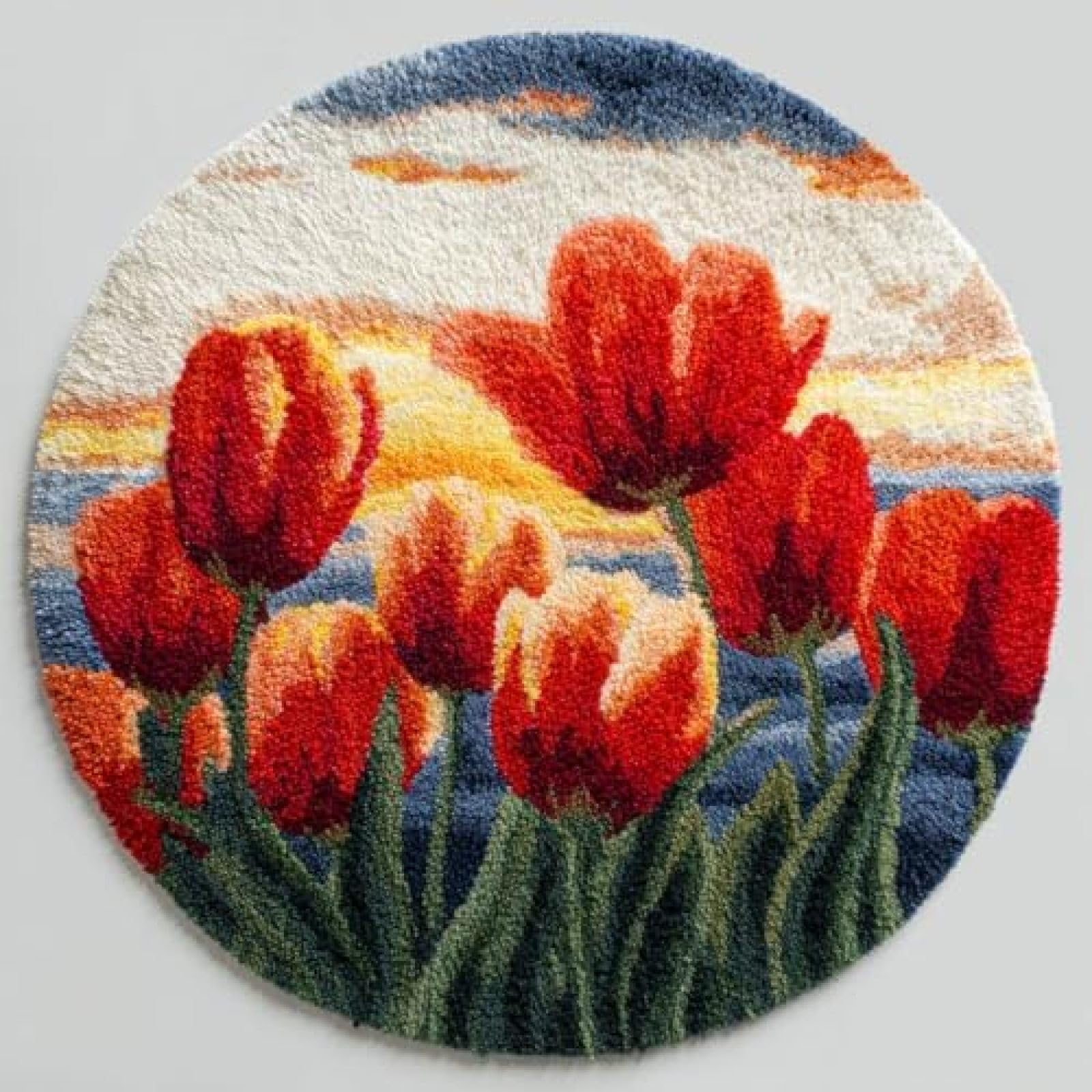 XDEGHUANGSS Latch Hook Rug Kit Tulip Flowers and Sunset Round Rug 52x52cm