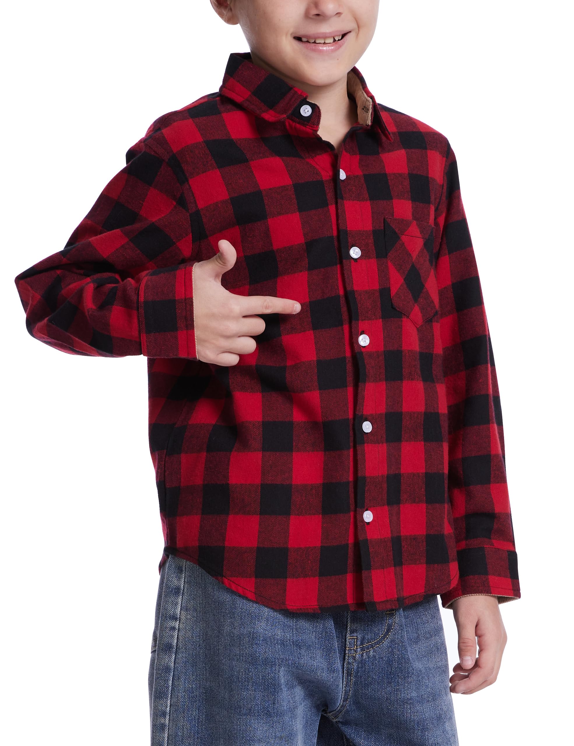 Flygo Boys Girls Long Sleeve Plaid Button Up Shirt Kids Casual Button Down Shirts Tops with Pockets