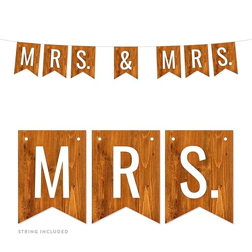Andaz Press Rustic Barn Wood Lesbian Wedding Party Banner Decorations, Mrs. & Mrs., Approx 5-Feet, 1-Set, Colored Themed Hanging Pennant Decor