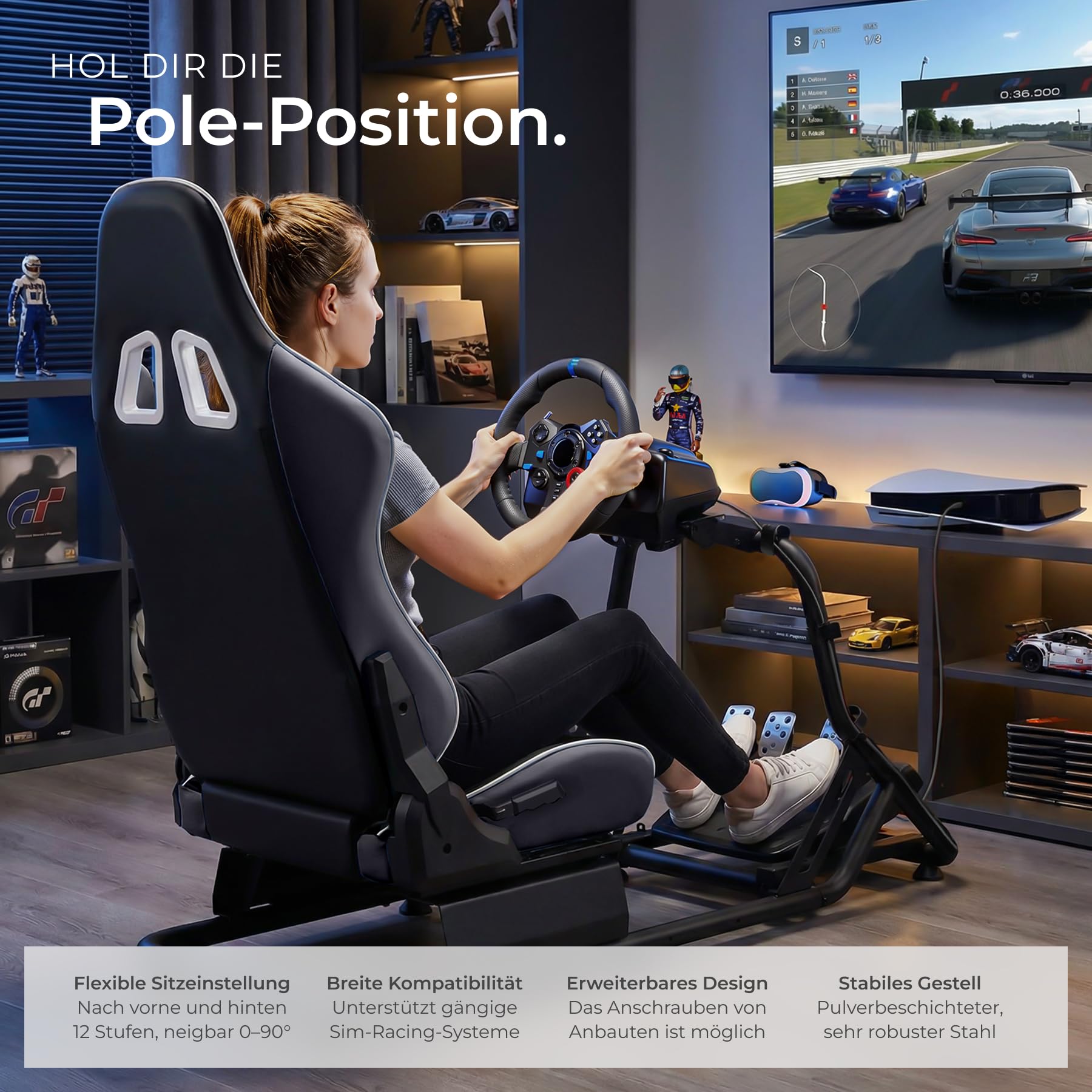 tectake® Sim Racing Cockpit kompatibel mit Fanatec, Logitech, Thrustmaster, GT-Style Rennsitz verstellbar, 120 kg belastbar, Gaming Stuhl Simulator, ohne Lenkrad Pedale, Stahlgestell - schwarz/schwarz