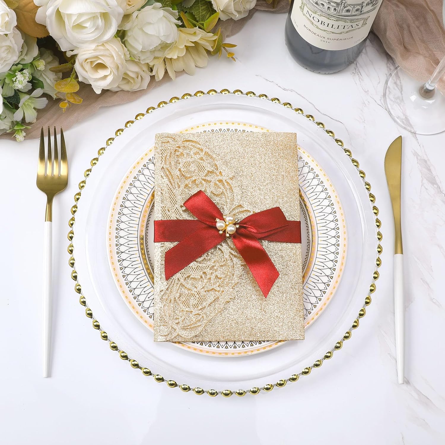 25Pcs Gold Glitter Wedding Invitations with Burgundy Ribbons Laser Cut Invitation Pocket with RSVP Cards Envelopes Blank for Wedding Quinceanera Anniversary (Complete Blank, Templates Available)