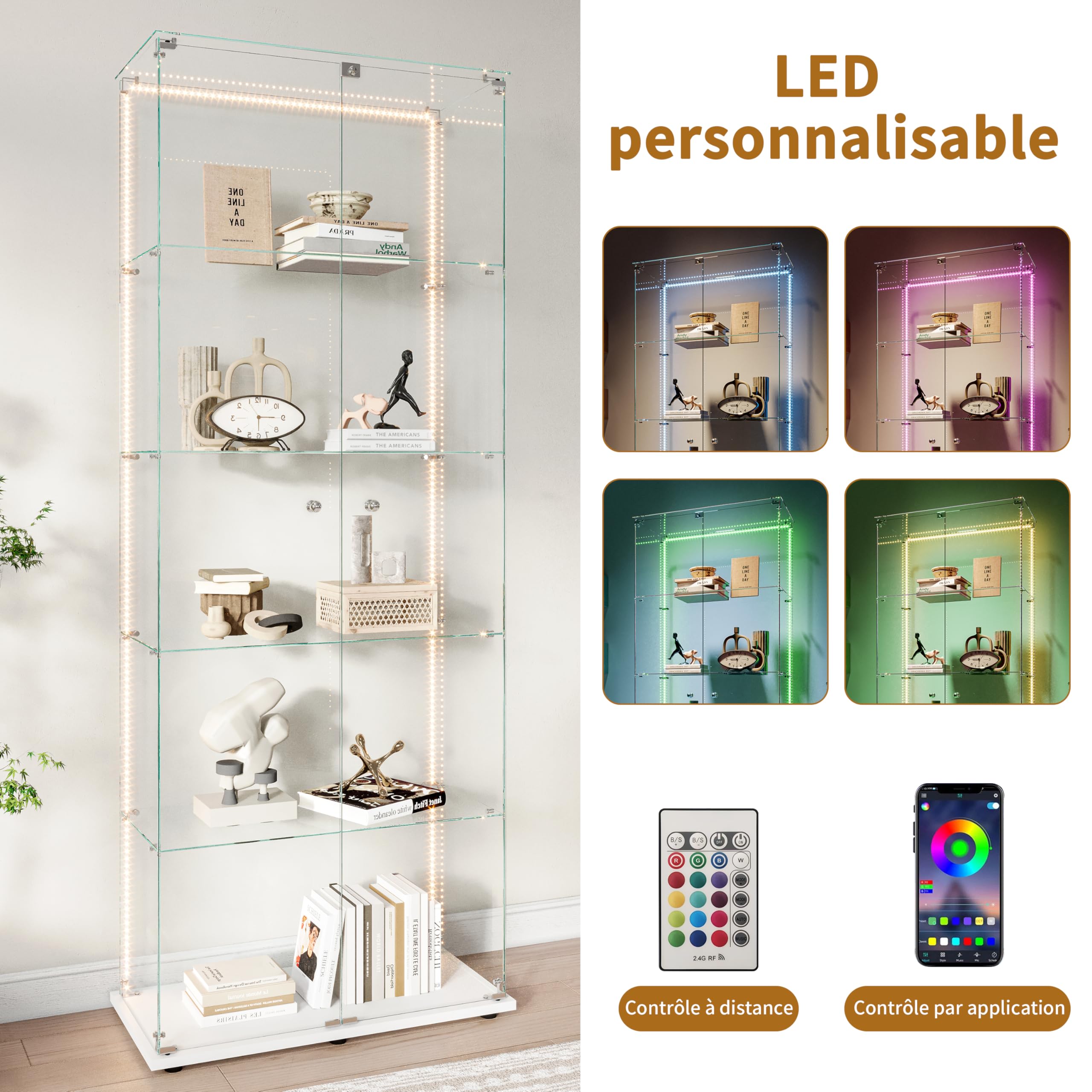 Vitrina de vidrio con 5 estantes, 2 puertas de exhibición con base de vidrio con LED y cerradura, gabinete moderno para colección de vasos, vitrina de exposición vertical para el salón (blanco-6B