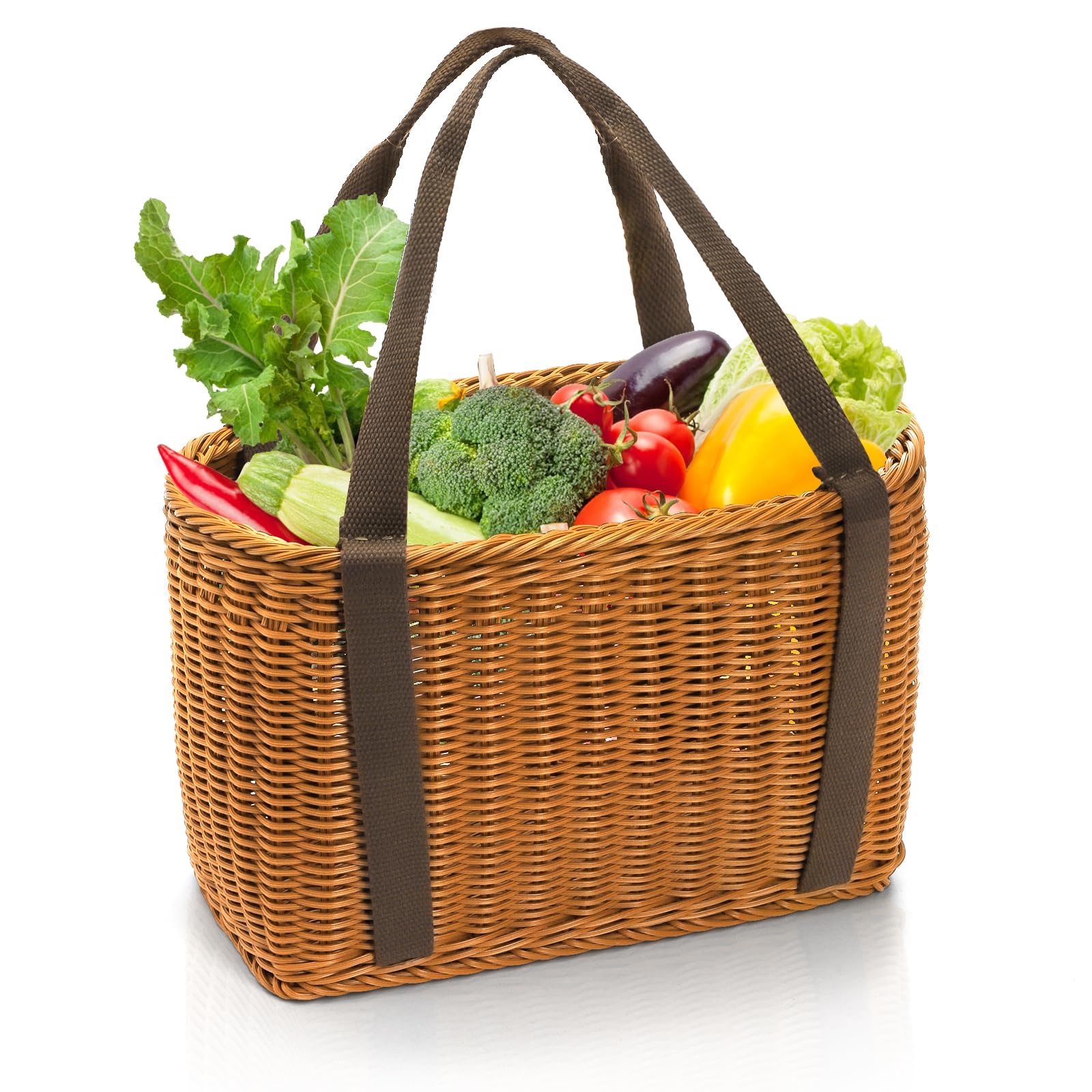 Wicker Shopping Basket with Handle, 15" x 10" x 7" Hand-Woven Picnic Basket, Open Top Market Harvest Basket for Food Storage, Kitchen Organization, Home Decor, Camping, Easter Eggs, Gifts