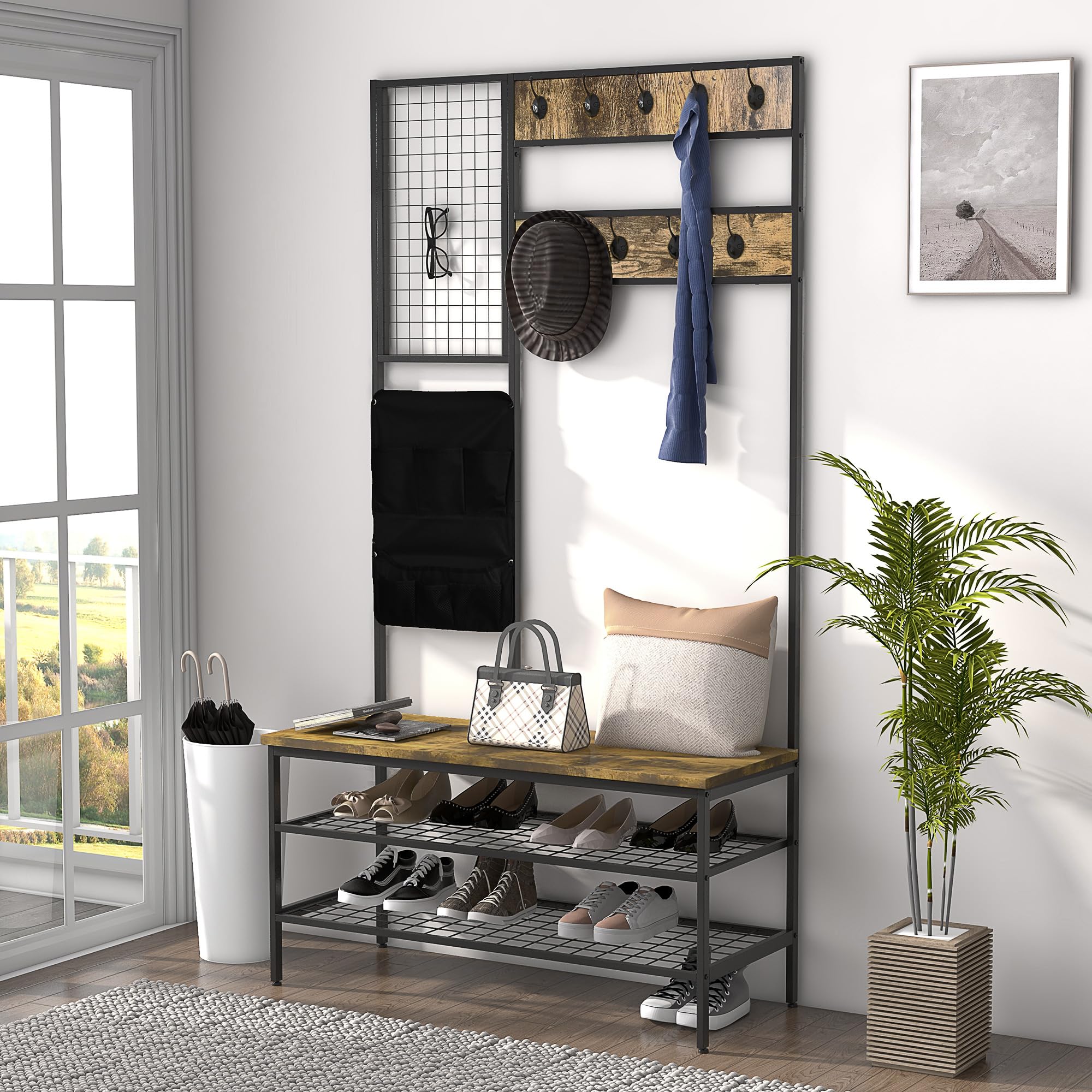 HOMCOM Kapstok met 12 haken en schoenenrek kapstok wandkapstok staal bruin zwart 100 x 40 x 184 cm