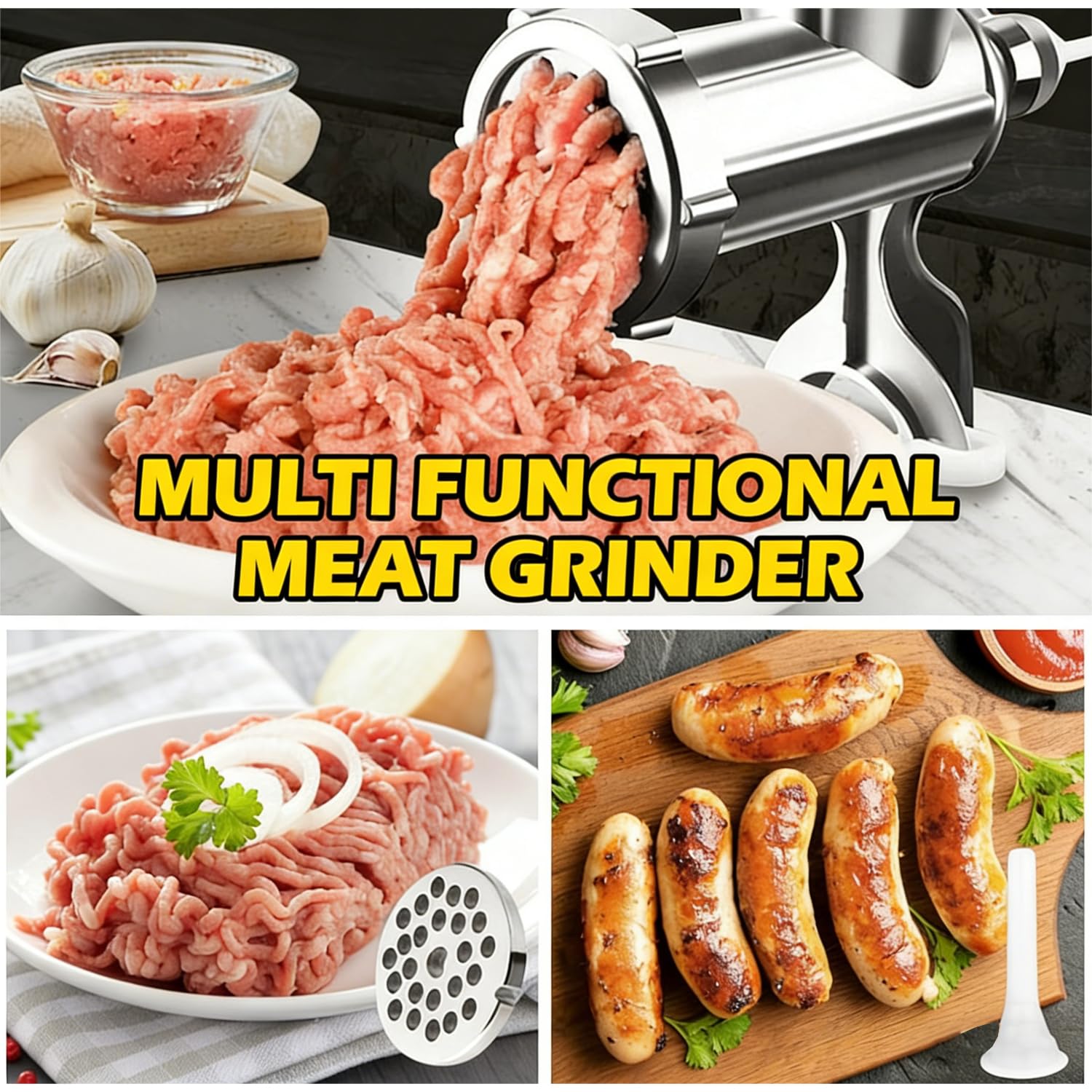 Molinillo manual multifuncional de acero inoxidable con manivela – Picadora de carne de alta resistencia, embutidora de salchichas, picadora de verduras y mezclador | Fácil de limpiar, piezas