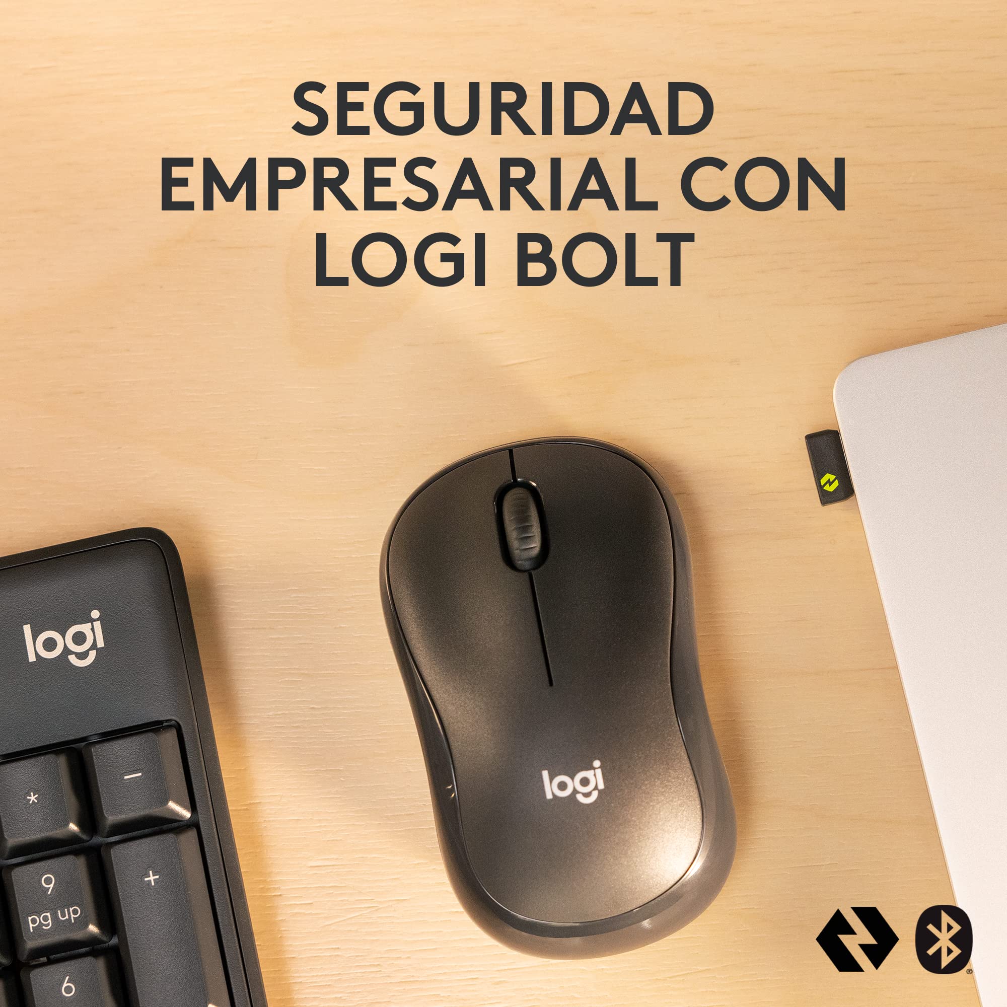 Logitech MK370 Combo Empresa, Teclado inalámbrico estándar y ratón inalámbrico, Receptor USB Logi Bolt, Bluetooth, certificación Mundial Windows/Mac/Chrome/Linux, QWERTY Español, Gris