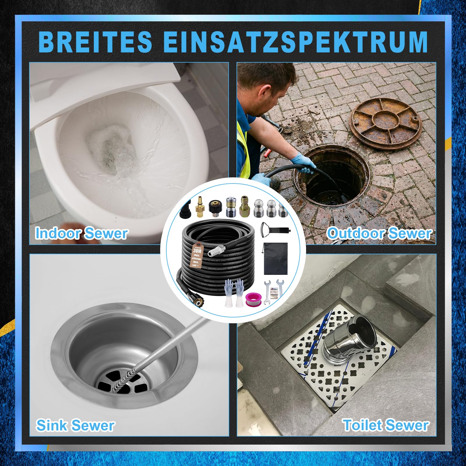 Rohrreinigungsschlauch Set 30m, 5800 PSI / 400 bar, mit Adapter und Düsen