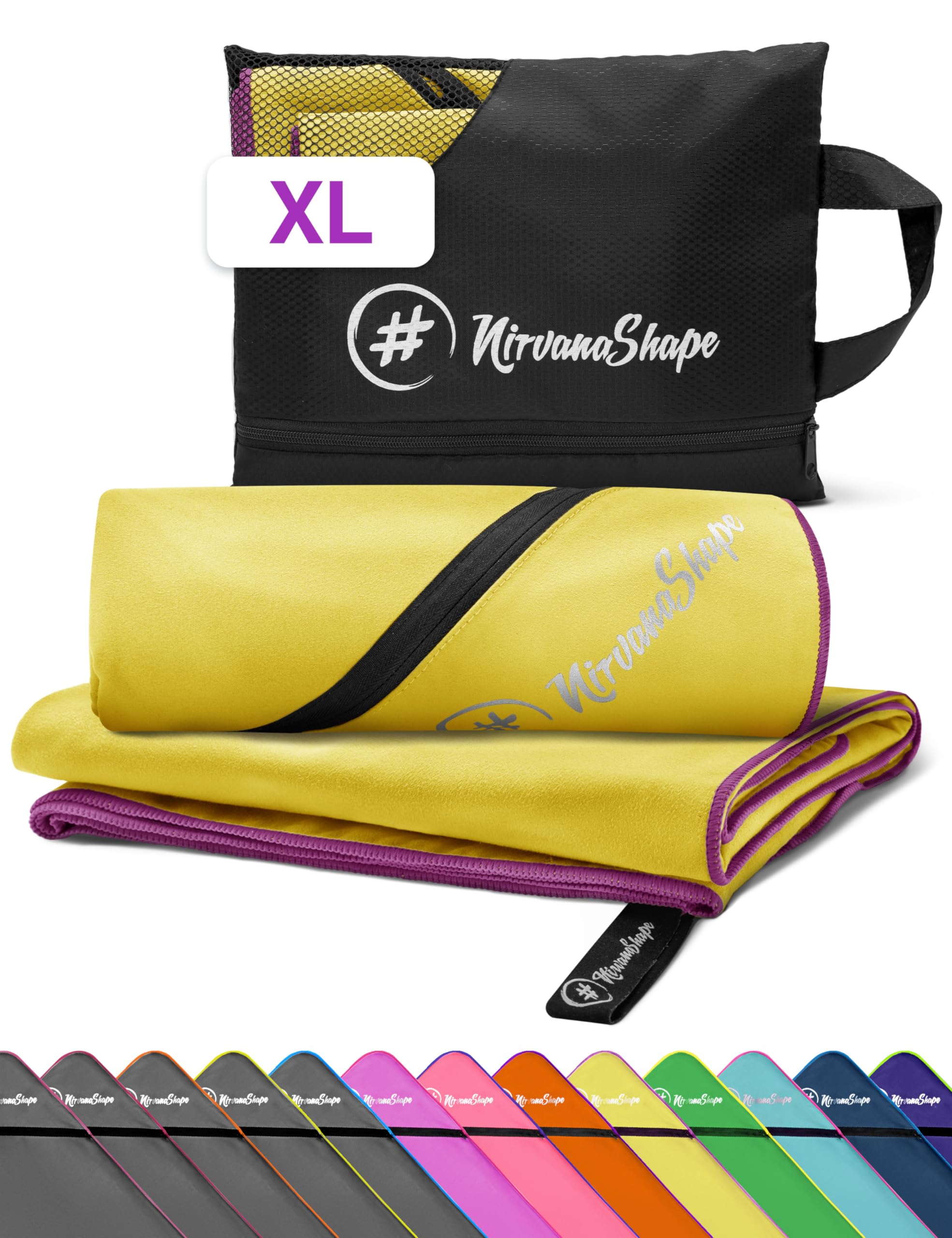 NirvanaShape Microfiber - Large Towel for Beach Travel, Fitness, XL 200 x 100 cm, Yellow / Violet Seam, XL: 200 x 100 cm