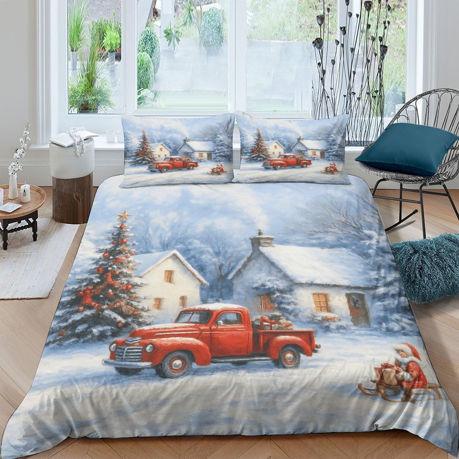Ctjqhvkz Style-6 3D Printed Christmas Red Truck Fitted Sheet Microfiber Soft Snowy Cottage Bed Cover For Bedroom Home Decor Single（135X200cm）