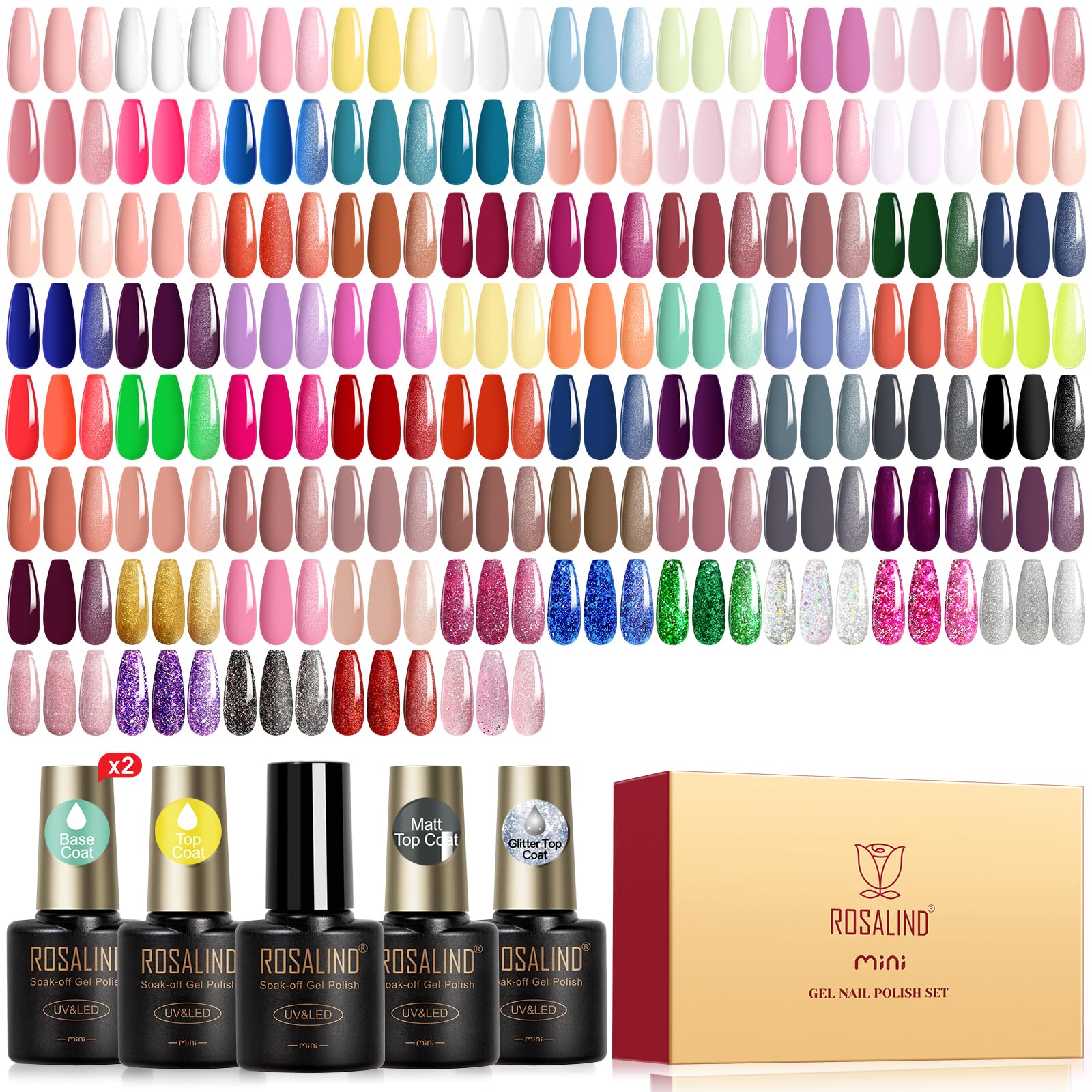ROSALIND 80 PCS Gel Polish Set with 5PCS Top Coat and Base Coat，75 Multi-Colred u v Gel Nail Polish Kit Soak Off Nail Set for Women