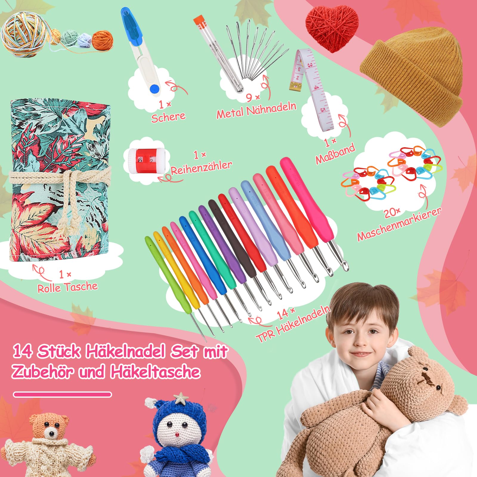 Coopay Kit de Crochet avec Sacoche - 14 Pièces 2,0-10 mm Aiguilles Ergonomiques pour Mains Arthritiques, Poignée Souple - Kit Débutants avec Accessoires