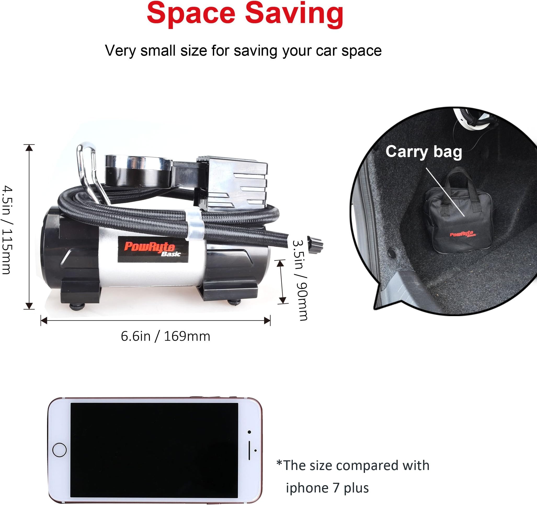 PowRyte Dial Tire Inflator - 12-Volt Portable Auto Air Compressor with 3pc LED Light.