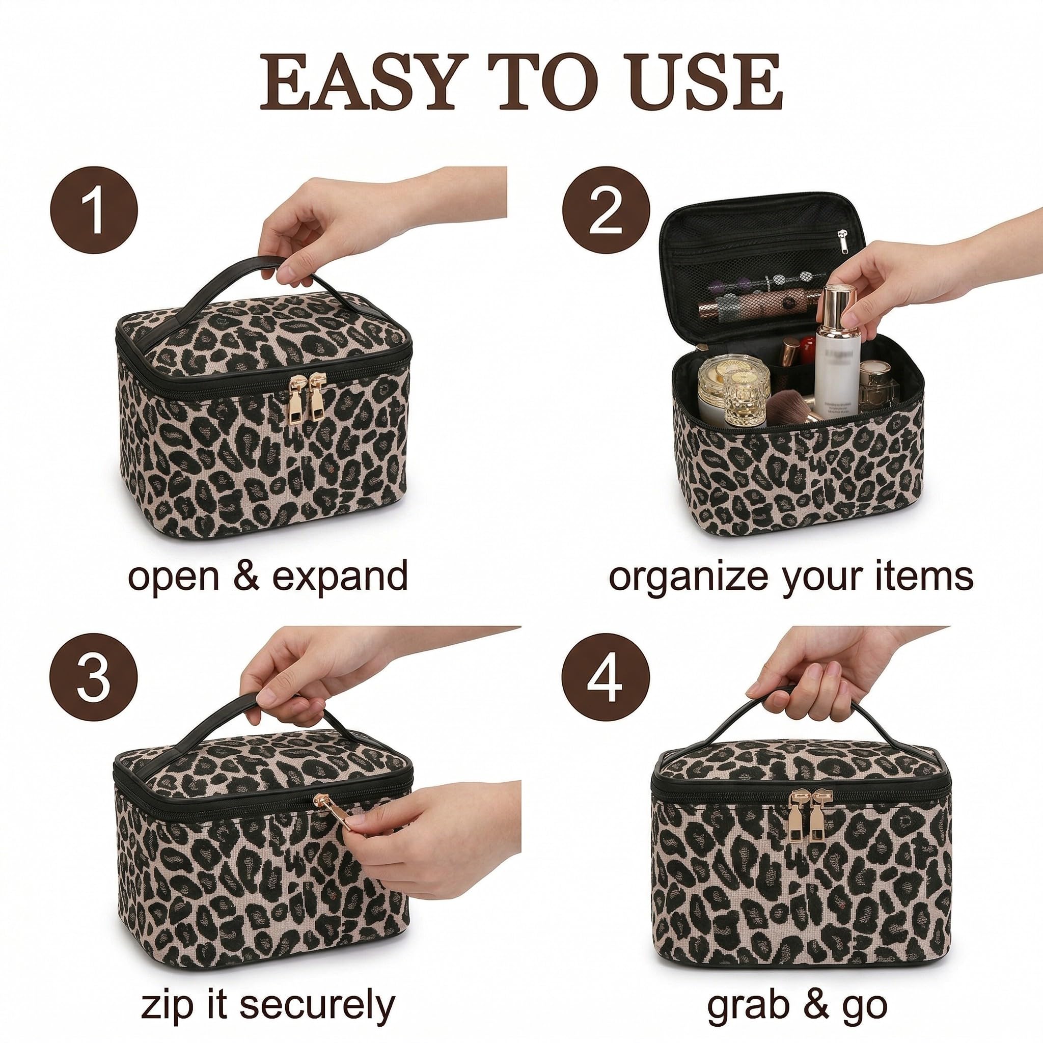 Beauty Case Donna Leopard Organizer Viaggio Waterproof Beauty Case Portatrucchi Polyester con Maniglia per Viaggio Nero