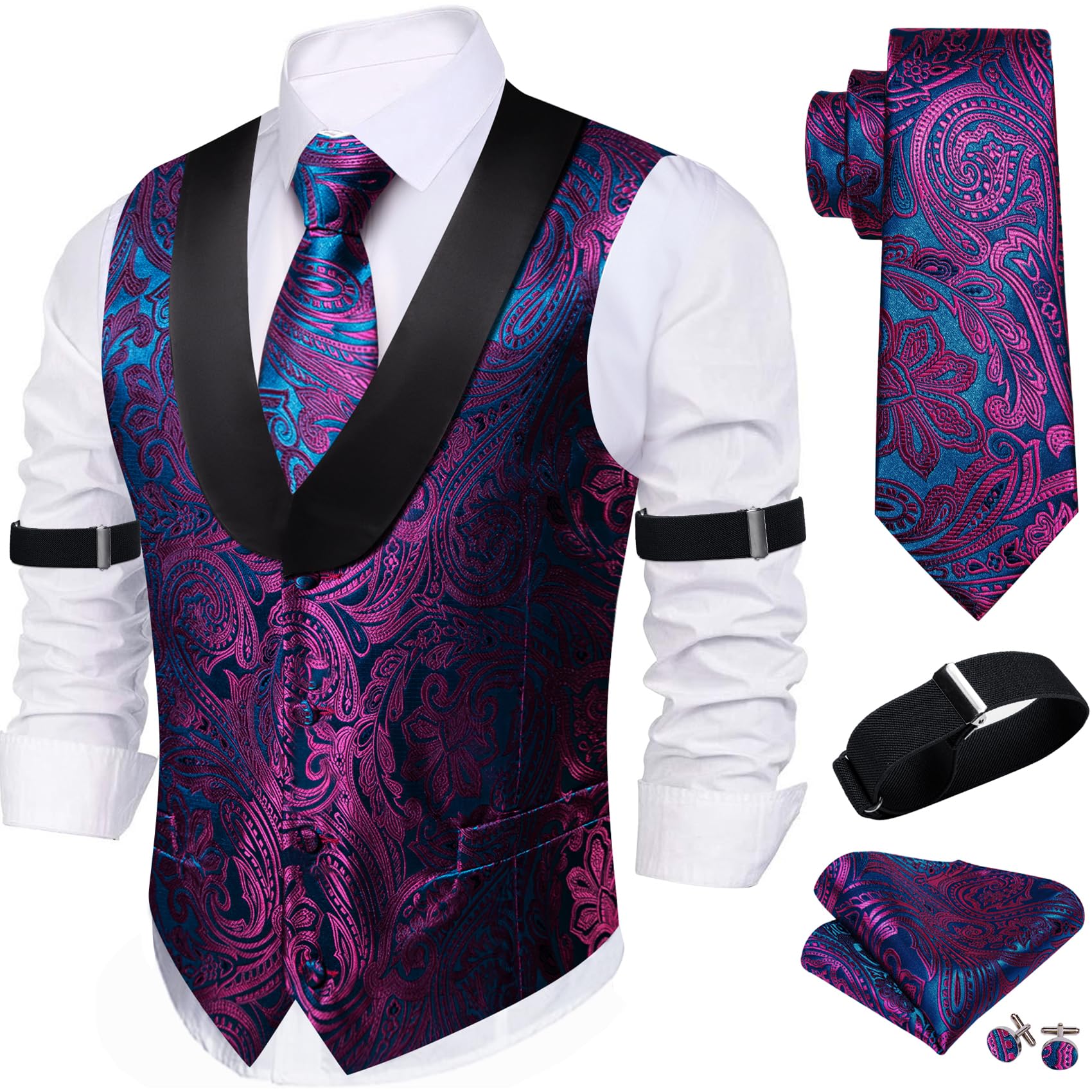 Barry.Wang Mens Silk Paisley/Floral Suit Vest Tie Sleeve Holder Set 5PCS