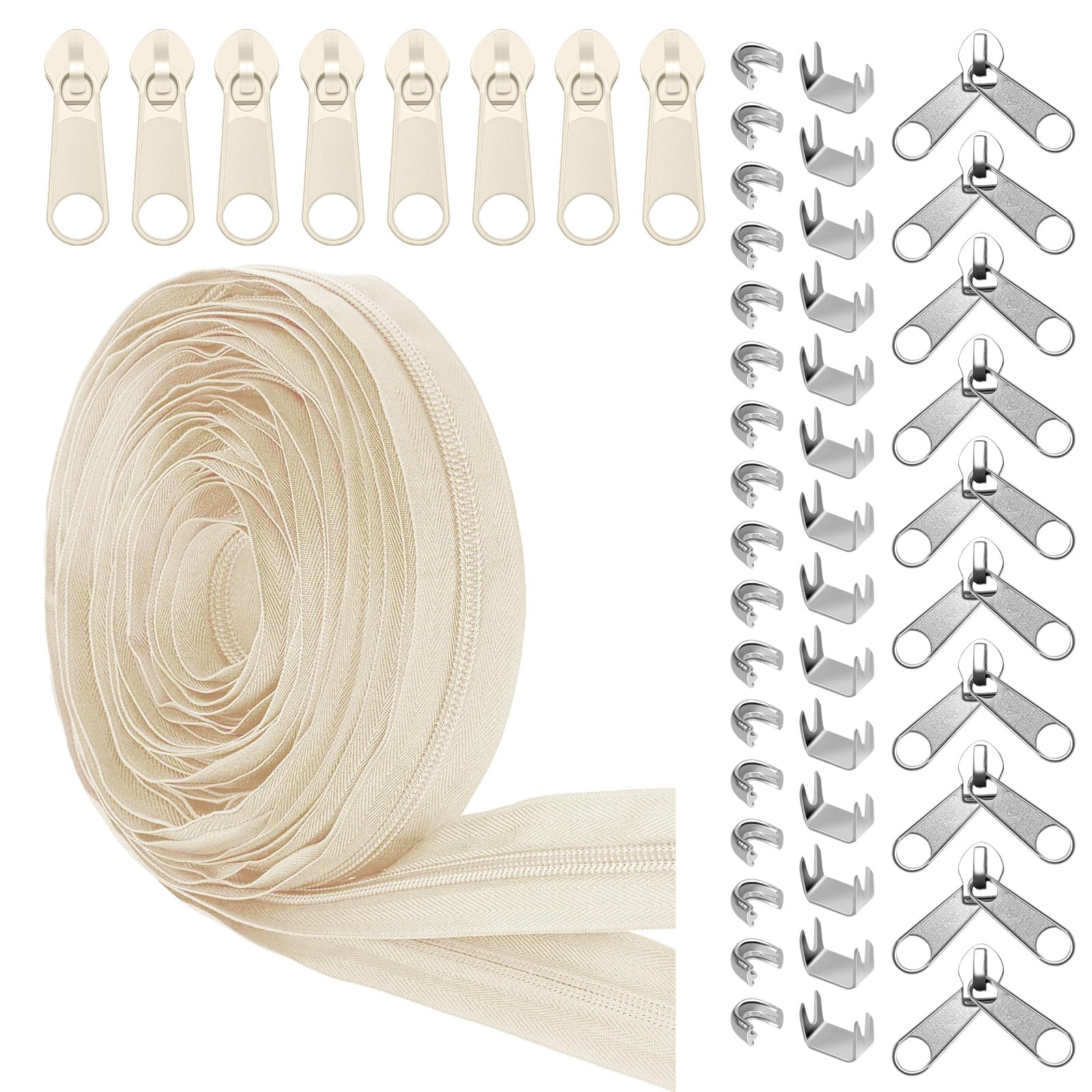 Glarks 81pcs Beige #5 Nylon Coil Zipper Tape Includes 1pcs 10Yards Sewing Zipper Roll with 10pcs Metal Zipper Sliders 10pcs Double Zipper Sliders 40pcs Top Stops 20pcs Bottom Stops