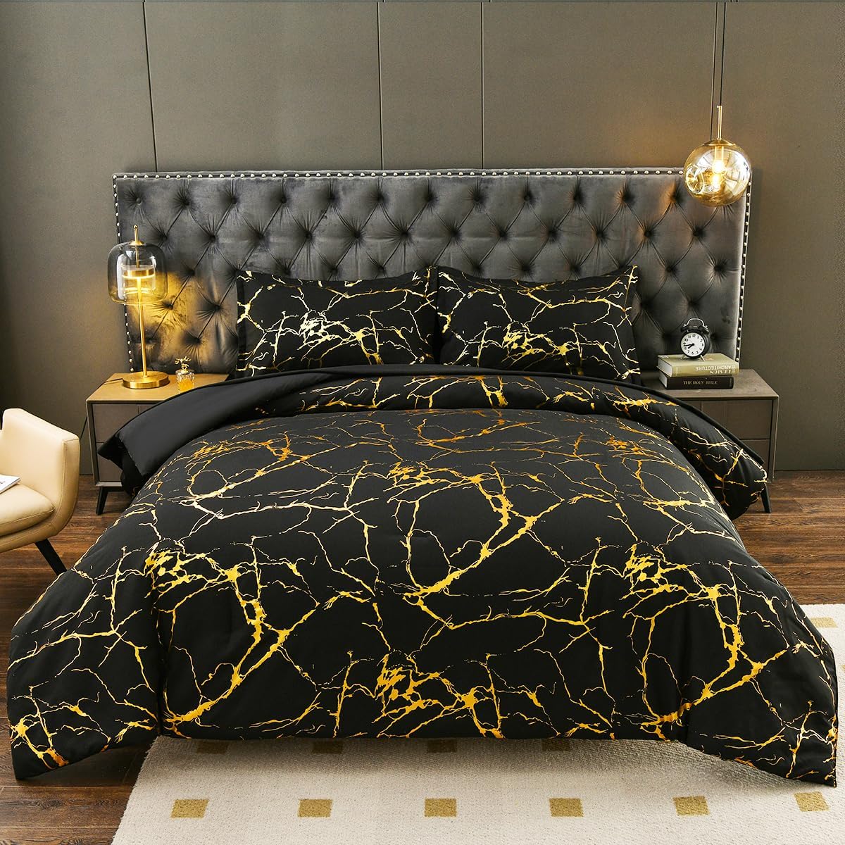 Black Glod – Juego de edredón tamaño King con sábanas, estampado