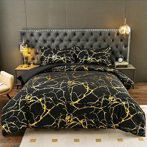 Black Glod - Juego de edredón tamaño King con sábanas, estampado de mármol con purpurina, 5 piezas, ropa de cama en una bolsa, para hombre y mujer