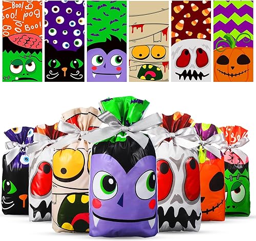 Funrous 48 bolsas de regalo de Halloween con cordón para Halloween, bolsas de plástico para dulces, bolsas de regalo para fiesta de dulce o truco,