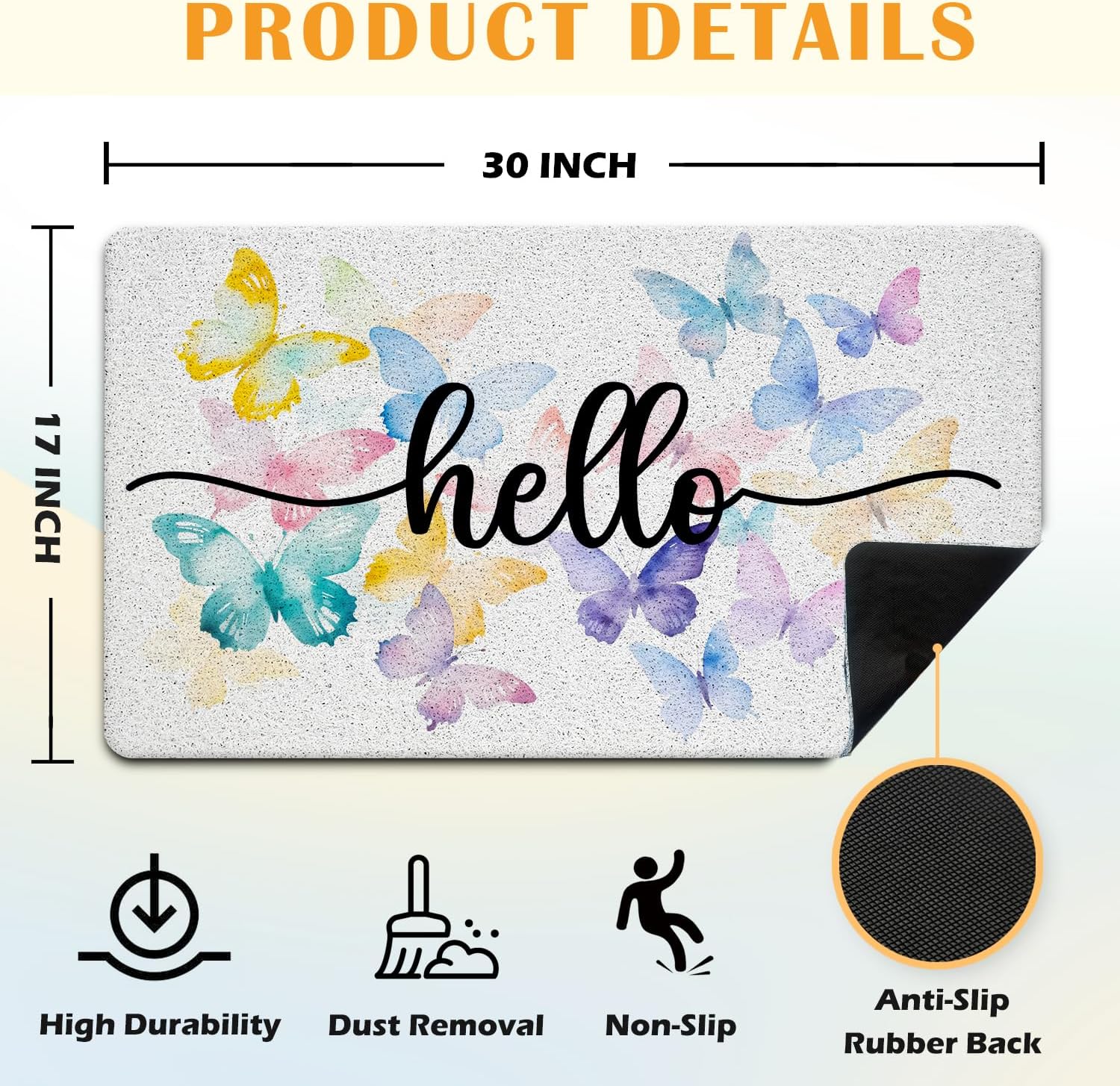 JINYO Butterfly Door Mat, Hello Door Mat Indoor Outdoor Entrance Entryway Porch, Butterfly Room Decor for Girls, Bath Mats for Bathroom, Beachy Welcome Mats, 17x30 Inch