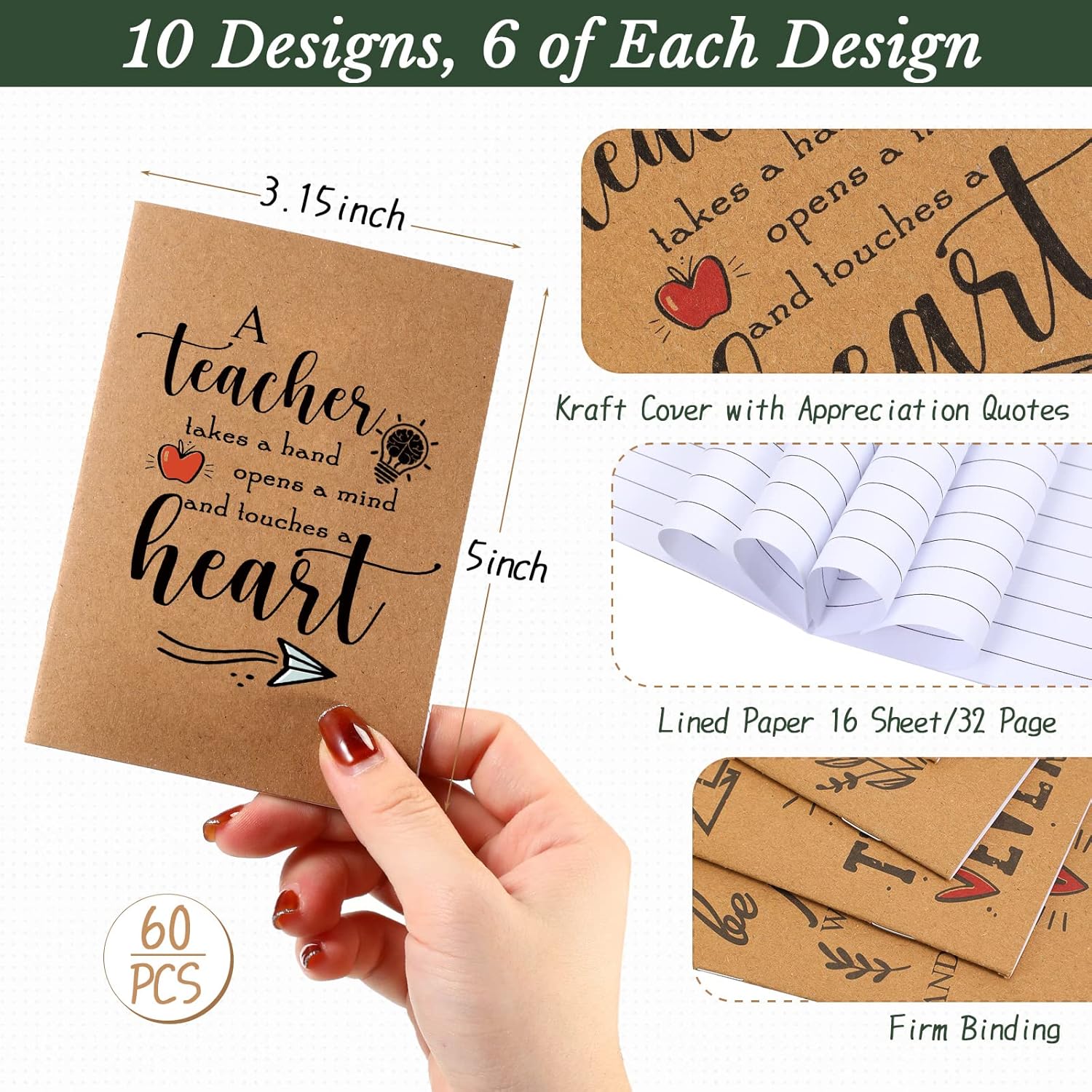 Kosiz 120 Pcs Teacher Appreciation Gifts Bulk Thank You Kraft Notebooks Set Motivational Mini Journal Notebook Inspirational Bamboo Ballpoint Pen Teacher Appreciation Day Gift for School Team Group