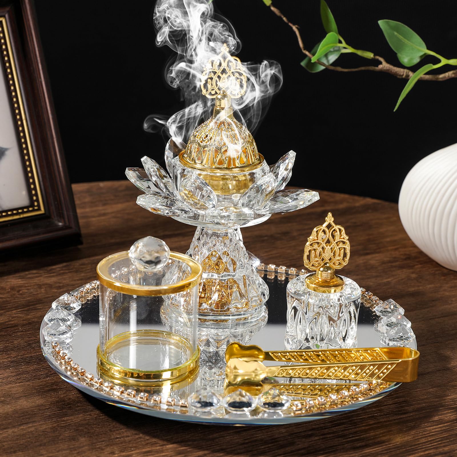 Set di bruciatori di incenso in vetro con vassoio a specchio, design floreale, stile arabo, per meditazione, decorazioni, set di bruciatori d'incenso dal Medio Oriente