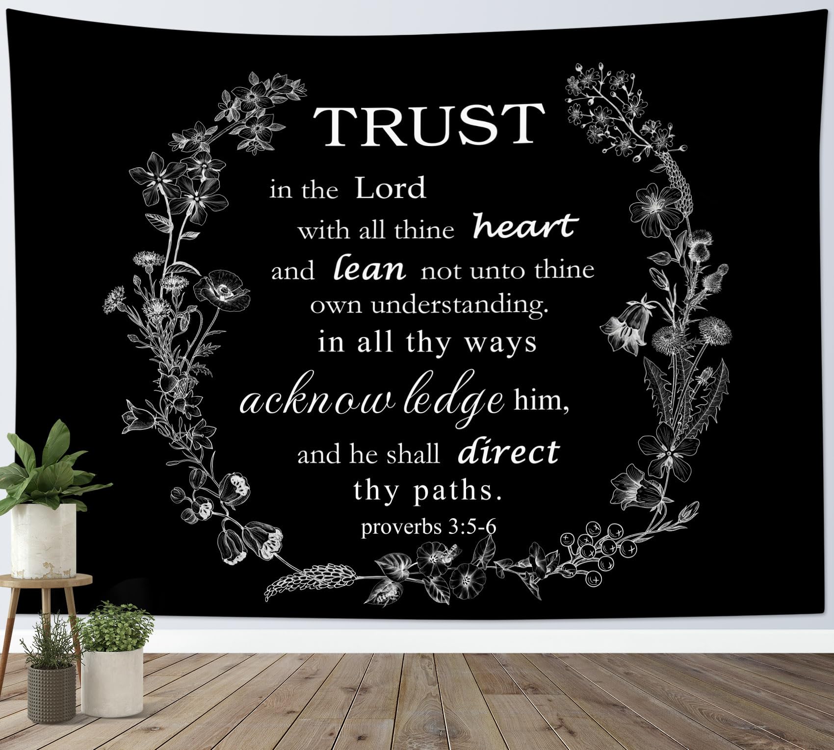EOBTAIN Black and White Bible Verse Tapestry Wall Hanging Motivational Christian Scripture Quotes Wall Tapestries for Bedroom Rustic Floral Botanical