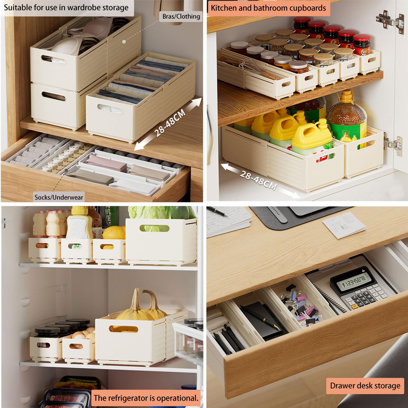 Cajas Plegables De Plástico PP para Organizar, Apilables para Organizar La Despensa De La Cocina con Separadores Móviles para El Dormitorio, La Cocina y El Baño