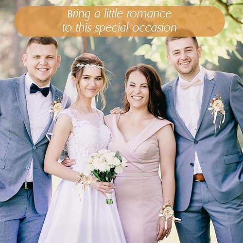 Miniatura 6 de Crowye Juego de 12 pulseras de ramillete y boutonniere de champán con flores artificiales, ramillete de perlas de rosa, boda, boutonniere, baile de