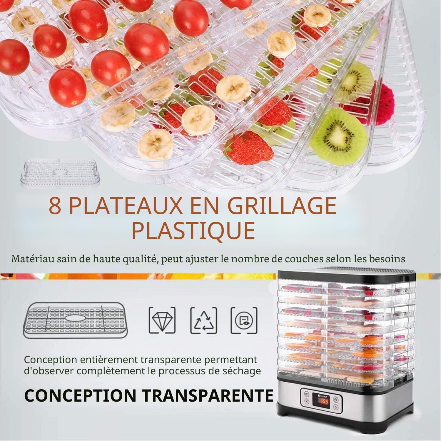 COOCHEER Déshydrateur alimentaire 8 Plateaux, Déshydrateur pour Légume Fruit Viande avec Minuterie de 72 h et Réglages de Température, Écran LCD, 400W