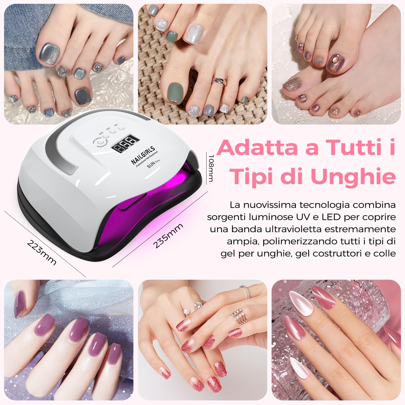 NAILGIRLS Lampade UV Per Unghie, 268W Portatile Lampada per Unghie Asciuga Smalto Fornetto Unghie per Manicure Pedicure,Sensore Di Avvio Automatico Lampada Unghie LED UV,4 Modalità Timer,Display LCD