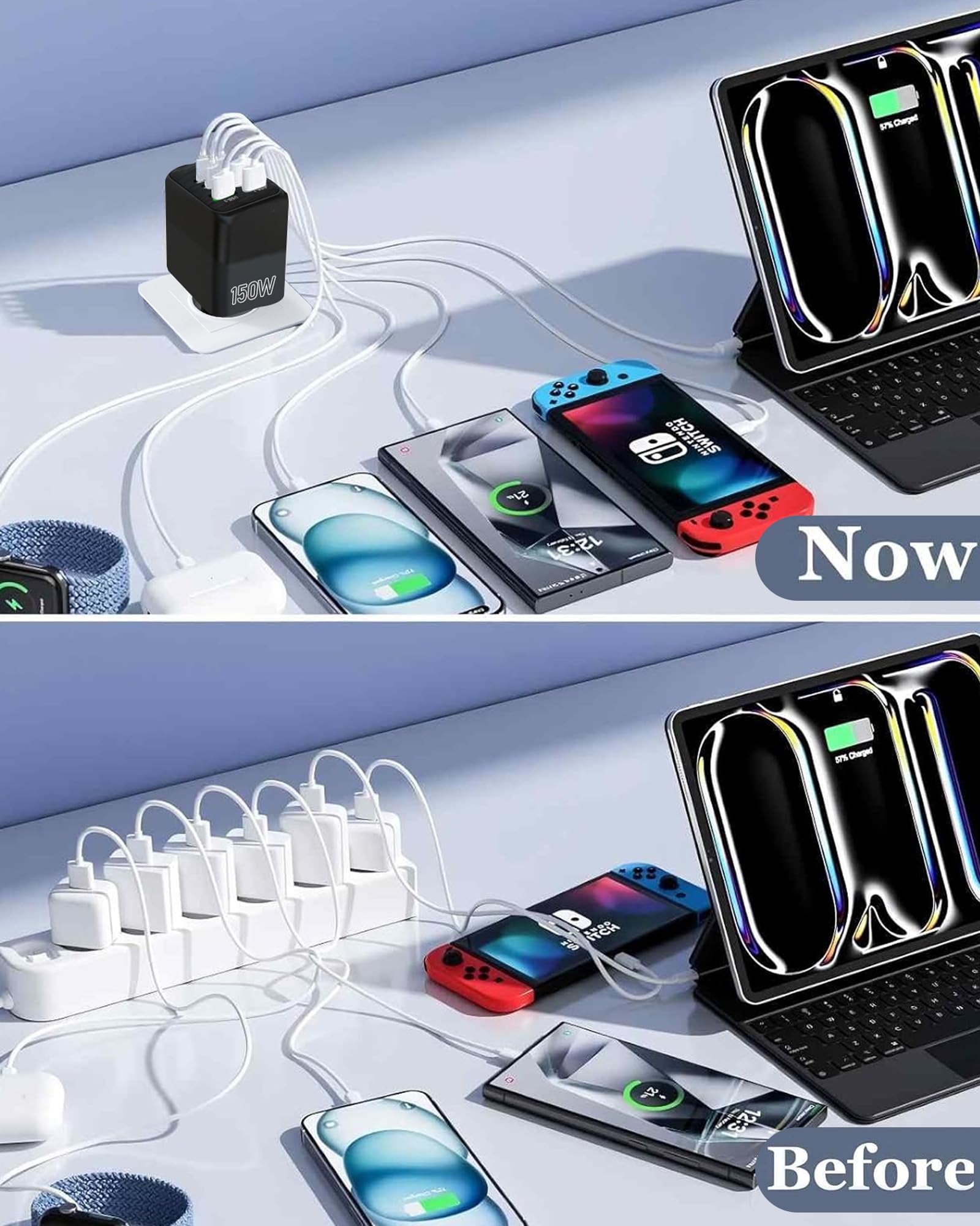 ANDHOT Caricatore USB C, Caricatore rapido Tipo C da 150W, Adattatore a 6 porte (3-PD tipo C porta + 3-QC USB A porta), Compatibile con iPhone 11/12/13/14/15 serie/XS/XR /8/ iPad,Adattatore multiporta