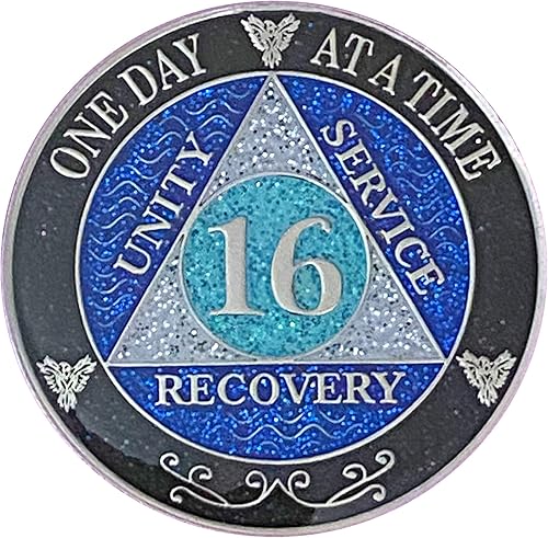 Miniatura 32 de (años 1-50) Medallón de purpurina plateado de recuperación AA de 47 años, arcoíris negro, azul, moneda de purpurina plateada, cubierta de epoxi