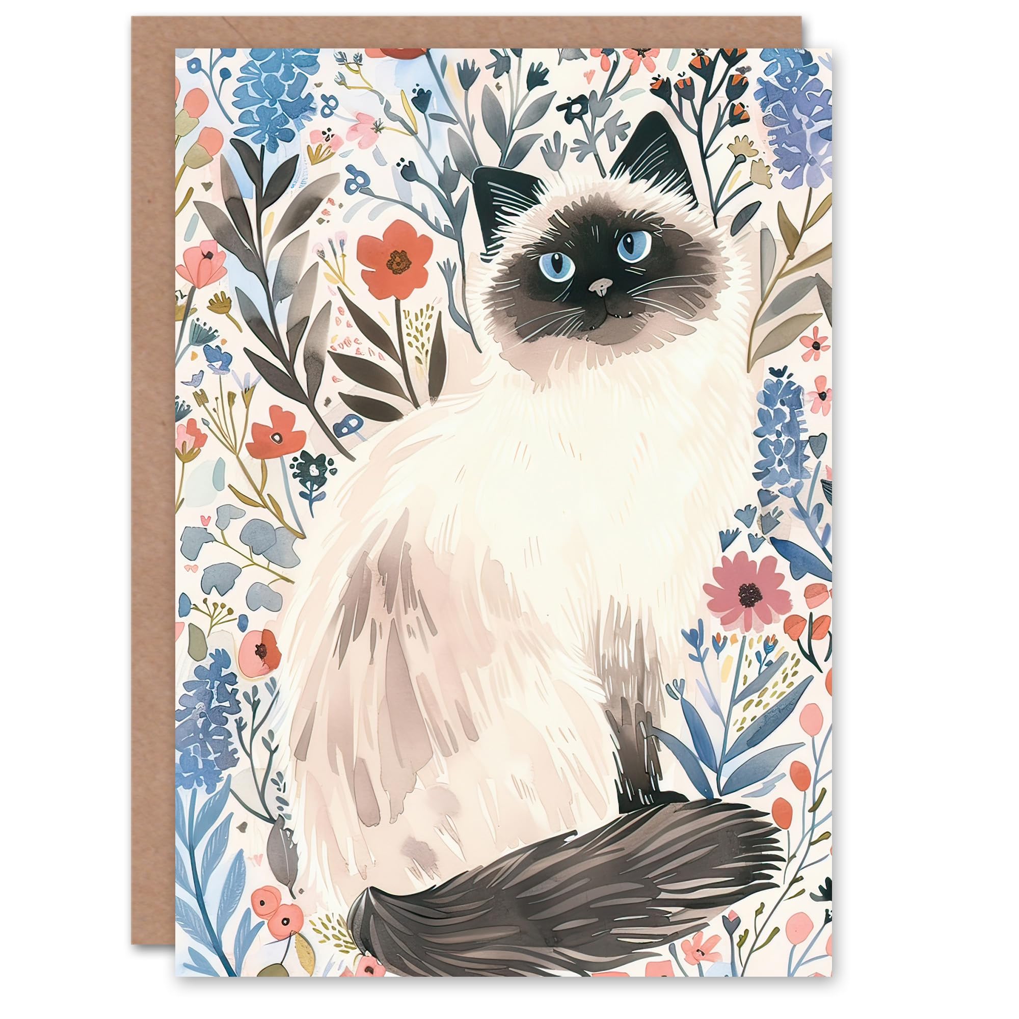 Artery8 Greeting Card Cat Lover Cute Birman in Lavender Flowers For Her Woman Birthday Card