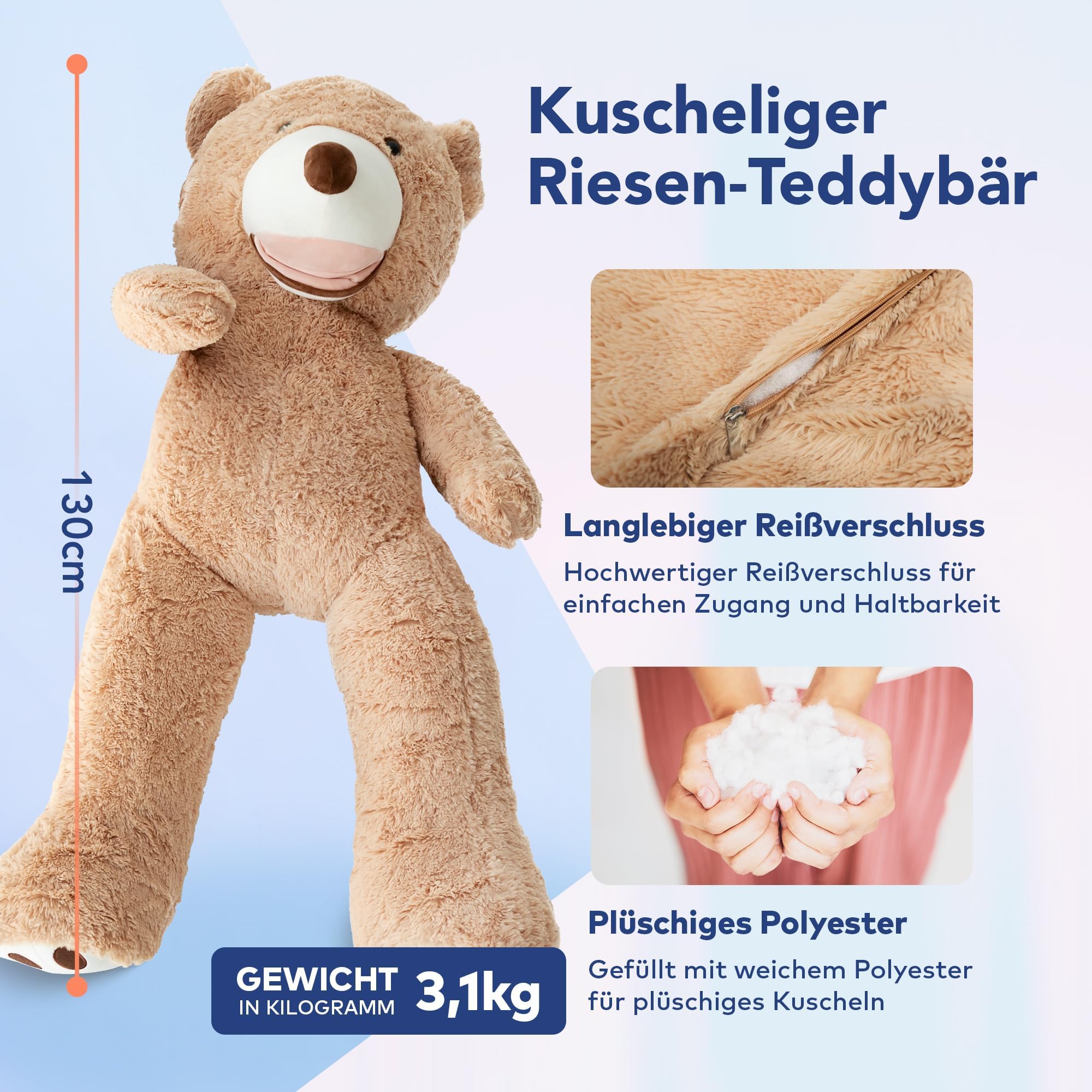 MKS XXL Teddybär 130 cm mit waschbarem Bezug & Reißverschluss – großer riesen teddybär aus weichem Polyester, XXL Kuscheltier als Deko & Geschenkidee, großer teddybär für Zuhause.