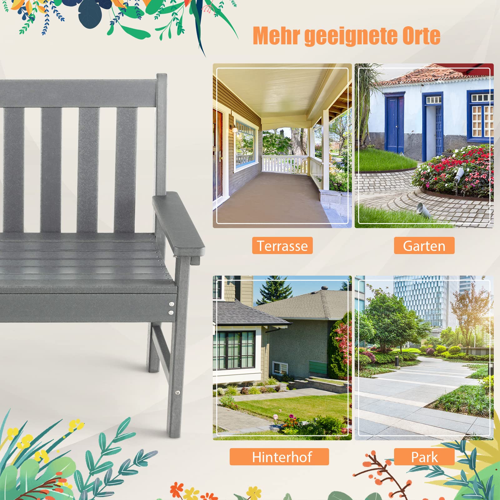 COSTWAY Gartenbank wetterfest, Allwetter-Sitzbank aus HDPE, Parkbank für 2-3 Sitzer, Balkontank bis 320kg belastbar, Terrassenbank für Garten, Balkon und Terrasse, 132 x 65 x 91 cm, Grau