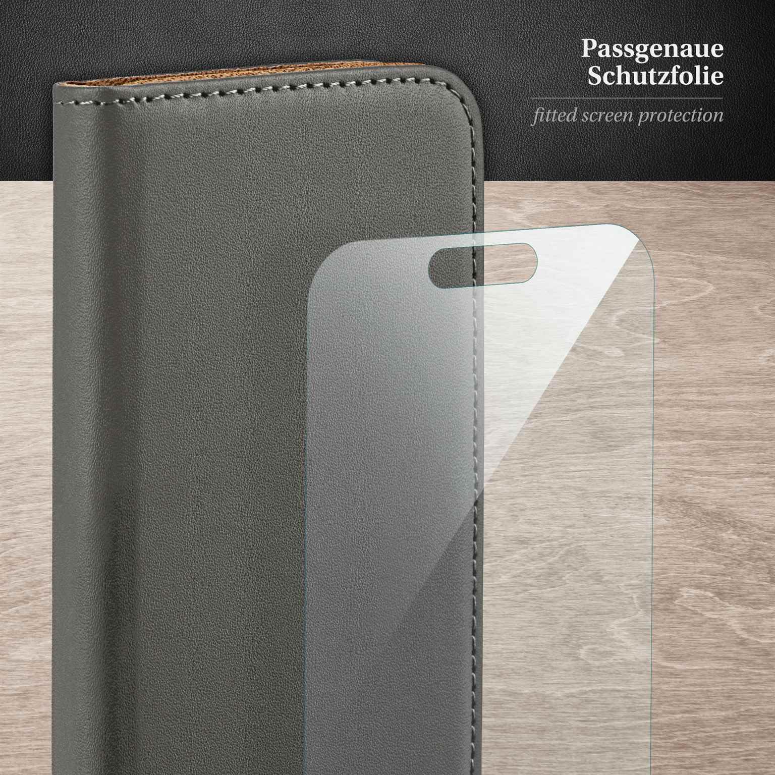 moex 4 in 1 Set für iPhone 17 Pro Hülle mit 3X Schutzfolie, Handyhülle Kartenfach [Book Case Klapphülle + FlexProtect Folie] Schutzhülle 360 Grad Komplettschutz, Grau