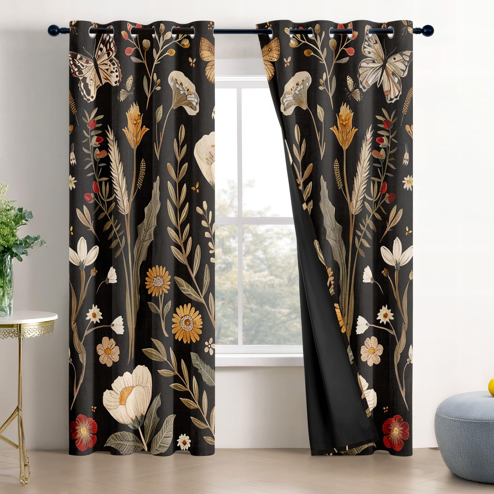 Mistela Vorhänge Mit Ösen Blickdichte Boho Botanische - Verdunklungsvorhänge Blätter Blumen Schmetterlinge Vorhänge Schlafzimmer Kinderzimmer Fenstervorhang - 2er Set - H200 x B140cm