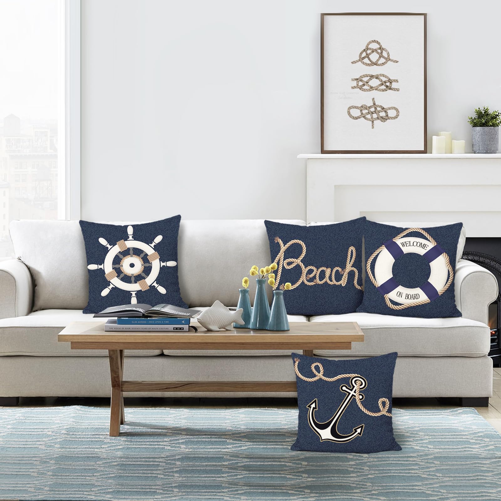 Bonhause Federe per Cuscini Costiero 45 x 45 cm Copricuscini Decorativi Cavalluccio Marino Conchiglia Spiaggia Federa per Cuscino Divano Letto Casa Decorazione Set di 4