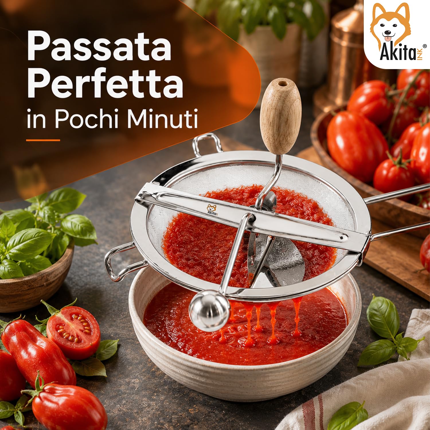 Akitaink Passacolino 20 cm con Retina 0,64 mm, Setaccio Manuale per Marmellate, Farina, Verdure, Frutta e Legumi